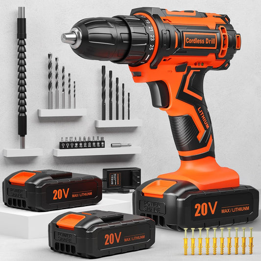 Cordless Drill Set, 20V Power Drill set with 2 Batteries and Charger, 3/8 Inch Chuck Electric Drill, 25+1 Torque Setting, Black Orange