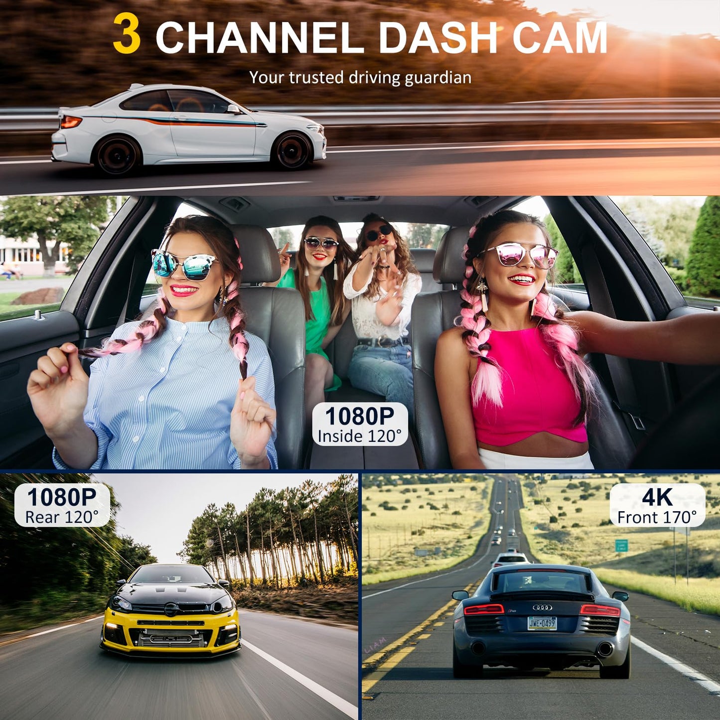 3-Channel Dash Cam with Night Vision