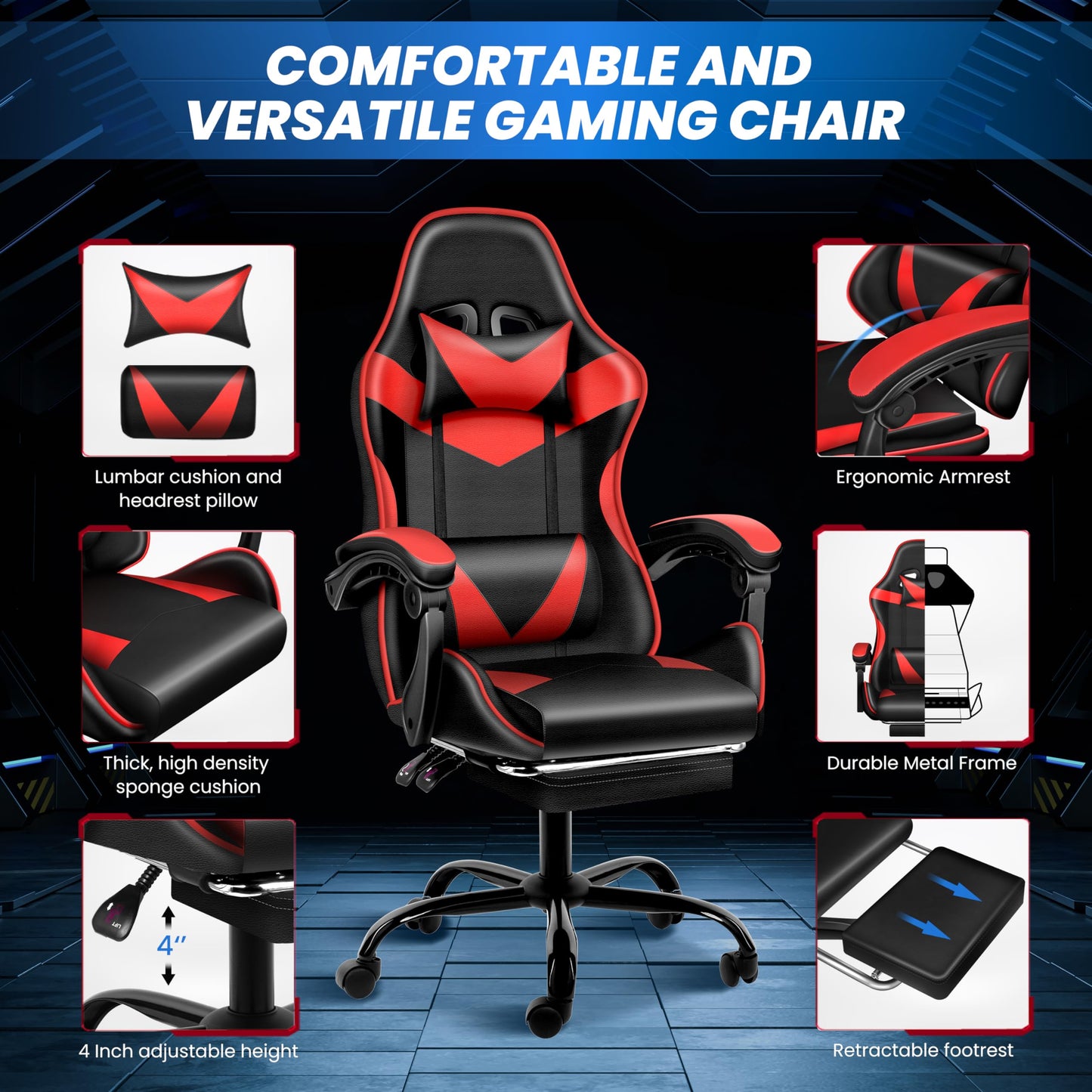 Ergonomic Gaming Chair with Footrest & Lumbar Support