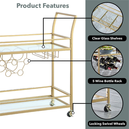 FirsTime & Co. Gold Francesca Bar Cart, 2 Tier Mobile Mini Bar, Kitchen Serving Cart and Coffee Station with Storage for Wine and Glasses, Metal and Glass, Modern