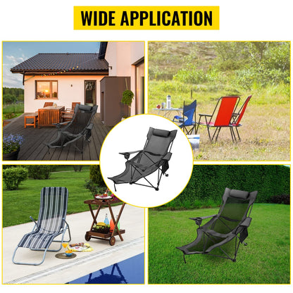Happybuy Folding Camp Chair with Footrest Mesh, Portable Lounge Chair with Cup Holder and Storage Bag, for Camping Fishing and Other Outdoor Activities (Grey)