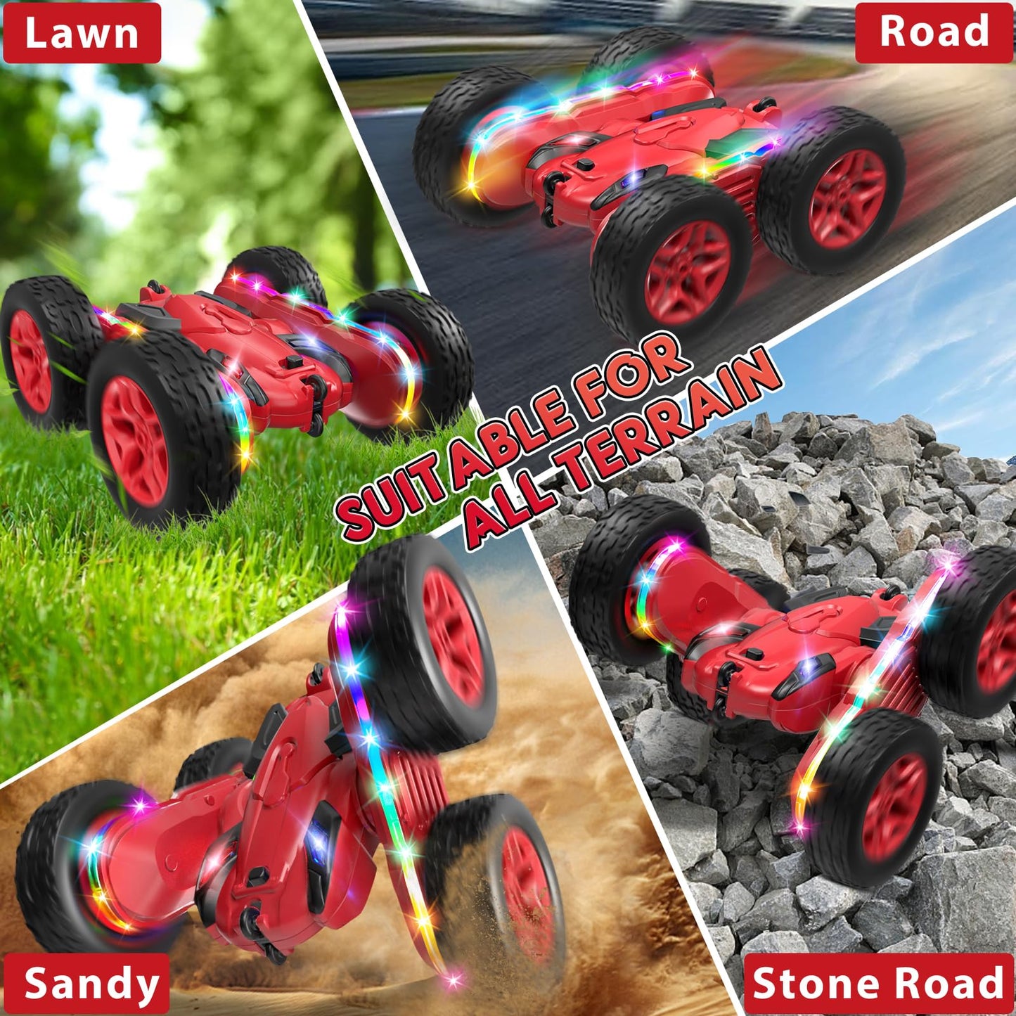 Jimdella Remote Control Car,RC Cars with Sides Light Strip and Headlights,Double Sided 360 Flips Rotating RC Stunt Car,2.4Ghz All Terrain Toys for Ages 5-7 Kids Toy for Boys Girls Birthday Gift(Red)