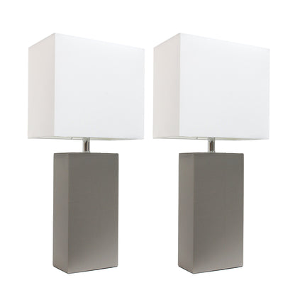 Elegant Designs LC2000-GRY-2PK 2 Pack Modern Leather Table Lamps with White Fabric Shades, Gray