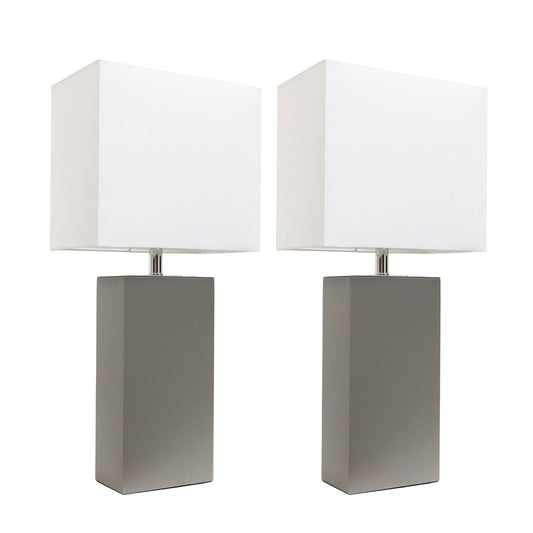 Elegant Designs LC2000-GRY-2PK 2 Pack Modern Leather Table Lamps with White Fabric Shades, Gray