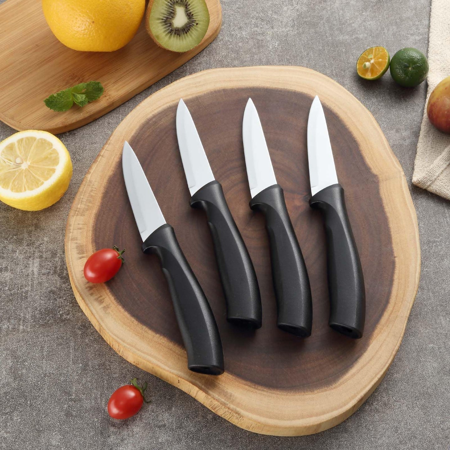 BEWOS 4-Piece Paring Knife Set, 3.5 Inch Paring Knives with Ergonomic Streak Handle, Cutting Knife & Peeling Knife for Vegetable and Fruit, Kitchen Knives, Stainless Steel/Black