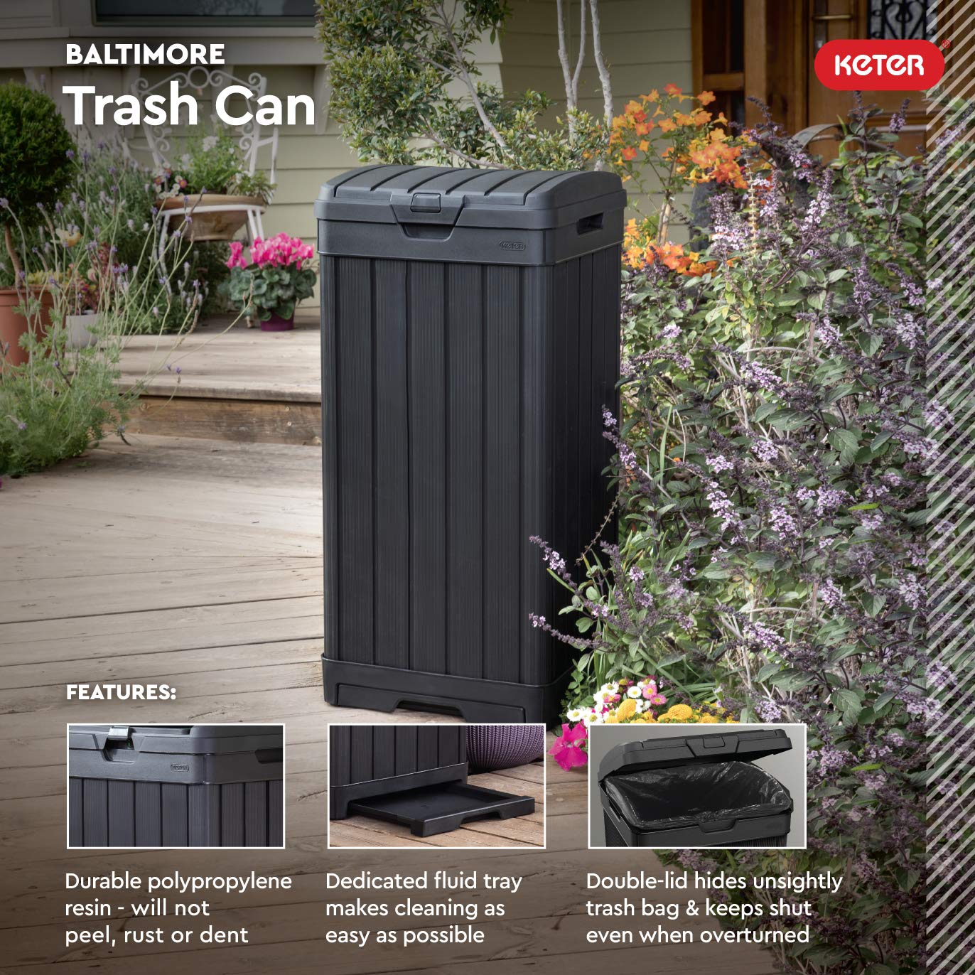 Keter Baltimore 38 Gallon Trash Can with Lid and Drip Tray for Easy Cleaning-Perfect for Patios, Kitchens, and Outdoor Entertaining, 38 Gallons, Black
