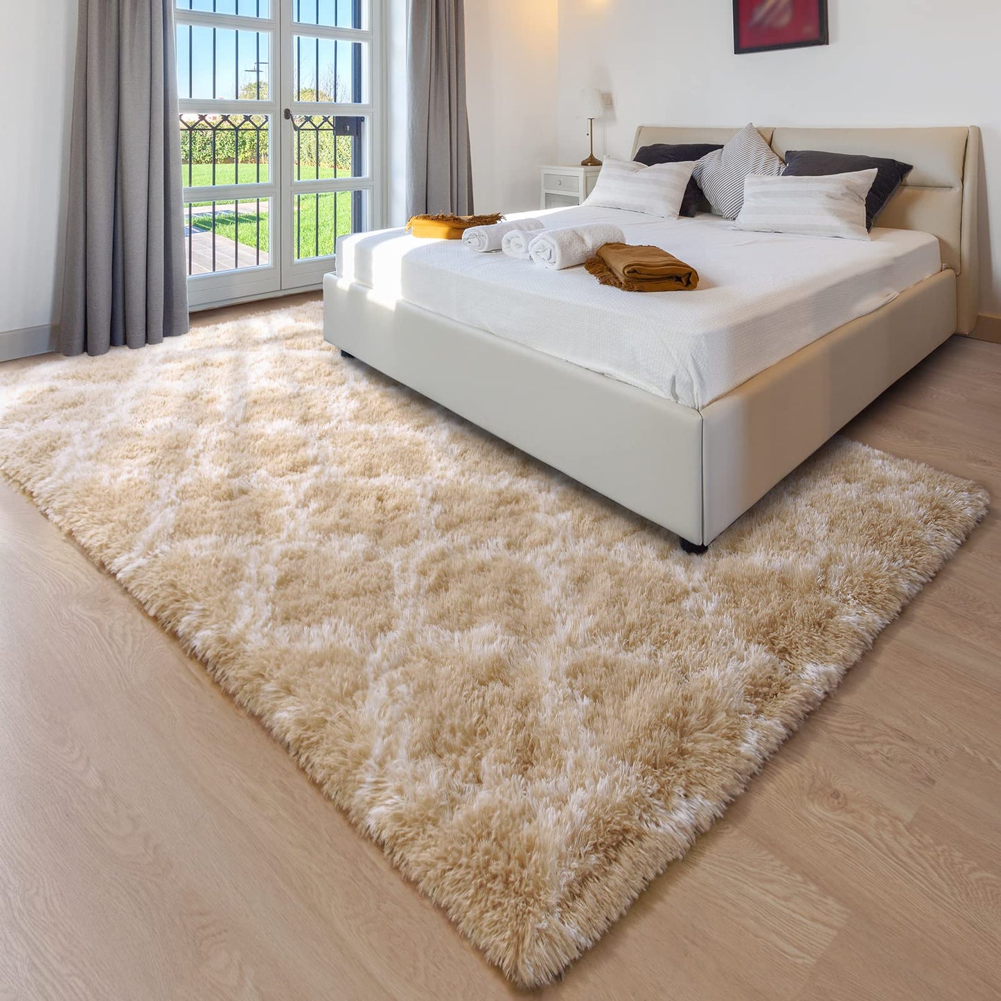 Unirea 6x9 Feet Luxury Shag Area Rug Modern Indoor Plush Fluffy Rugs, Super Soft and Fuzzy Carpet, Geometric Rugs for Bedroom Living Room Girls Kids Nursery, Beige/White