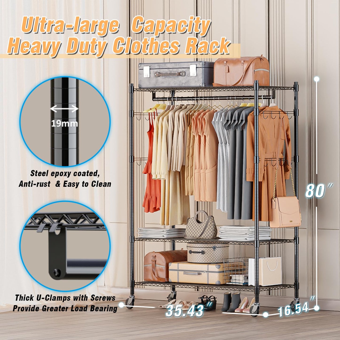 3-Tier Heavy Duty Garment Rack with Wheels