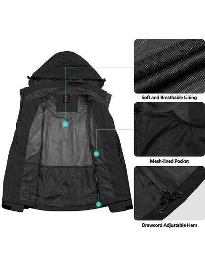 Little Donkey Andy Women's Rain Jacket with Detachable Hood Waterproof Lightweight Breathable Raincoat for Hiking Travel Black/Black L