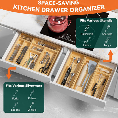 Bamboo Drawer Organizer Set of 2 for Storage