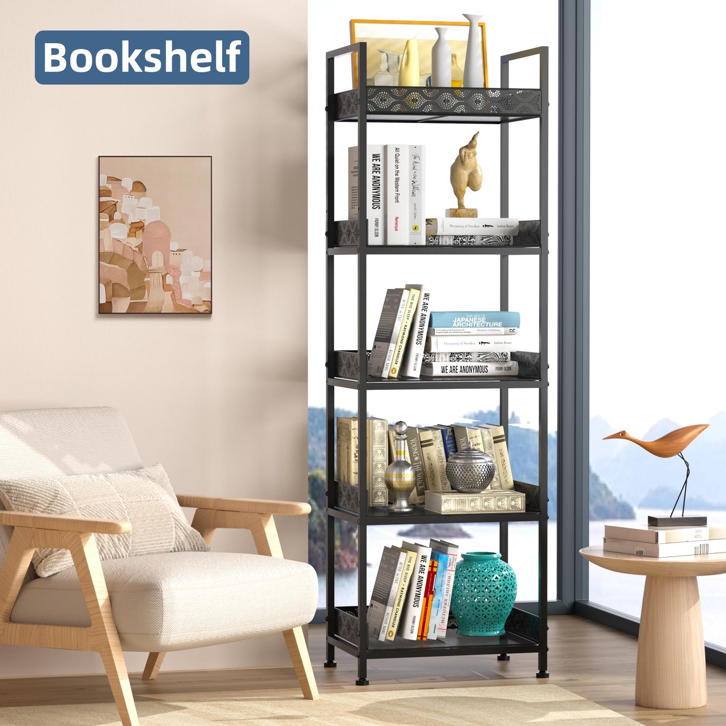 vimiroo Heavy Duty 5 Tier Bookshelves,Metal Storage Rack for CD, Books,Microwave Load-Bearing 500 lbs Rust Resistance Tall Bookcase for Bedroom,Living Room,Office,Kitchen (Black)