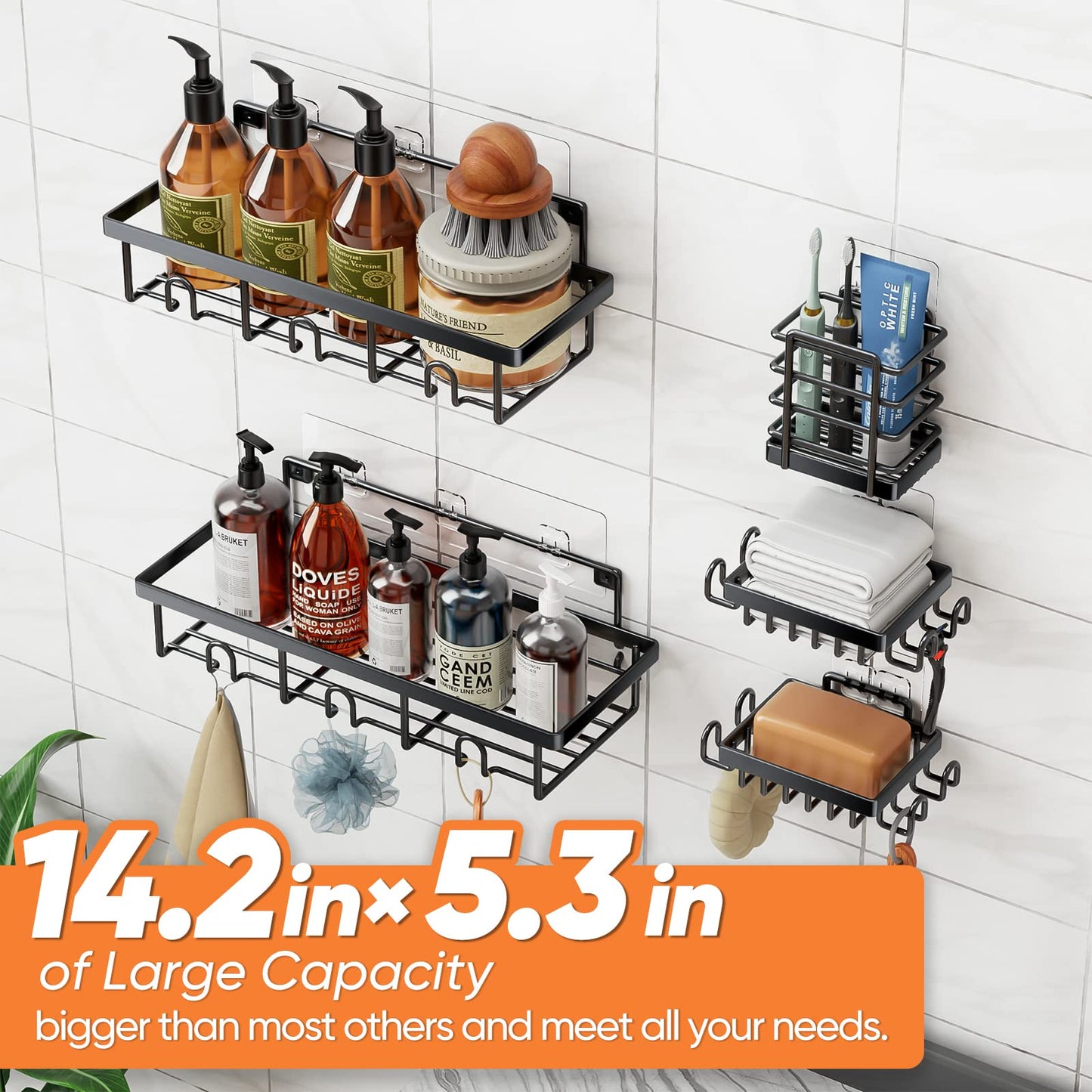 UPDATE: SOLD OUT! Bunoxea Shower Caddy Stainless Steel, 5-Pack Adhesive Shower Shelves,Large Capacity,Rustproof Shower Caddy Basket Shelf,Shower Organizer Shelves for Bathroom & Kitchen Storage,Black