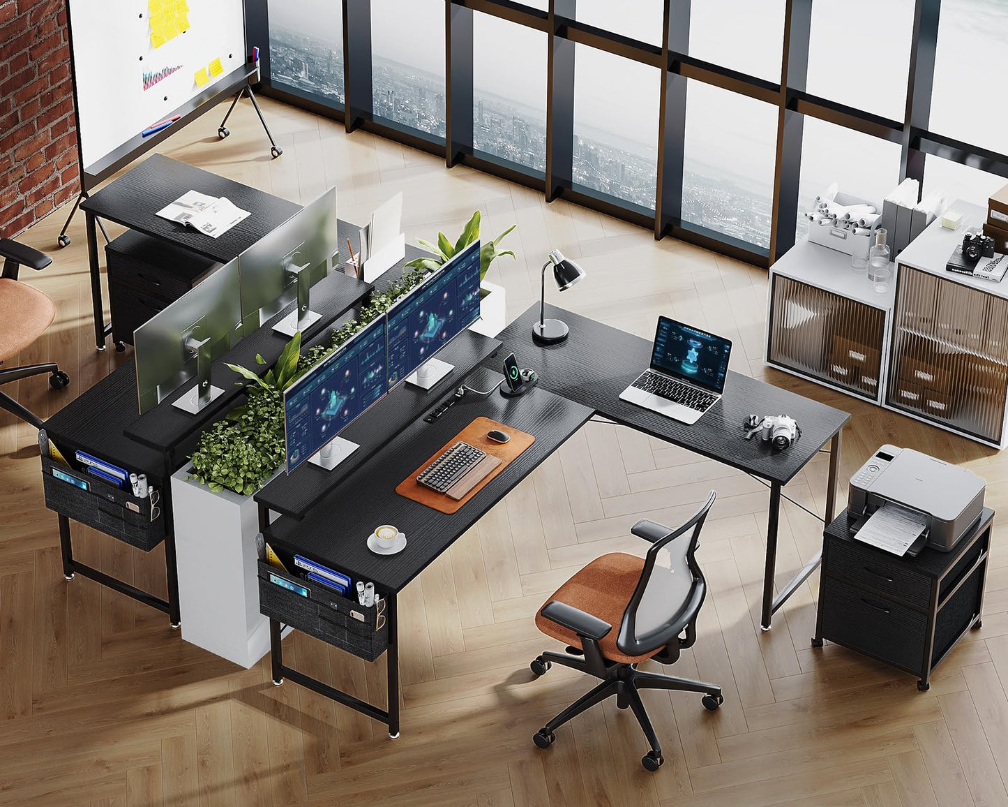 AODK L Shaped Computer Desk, 55" Office Desk with File Cabinet, Power Outlet and Adjustable Monitor Stand, Executive Home Office Furniture Set, Reversible Corner Desk with Storage Bag, Black
