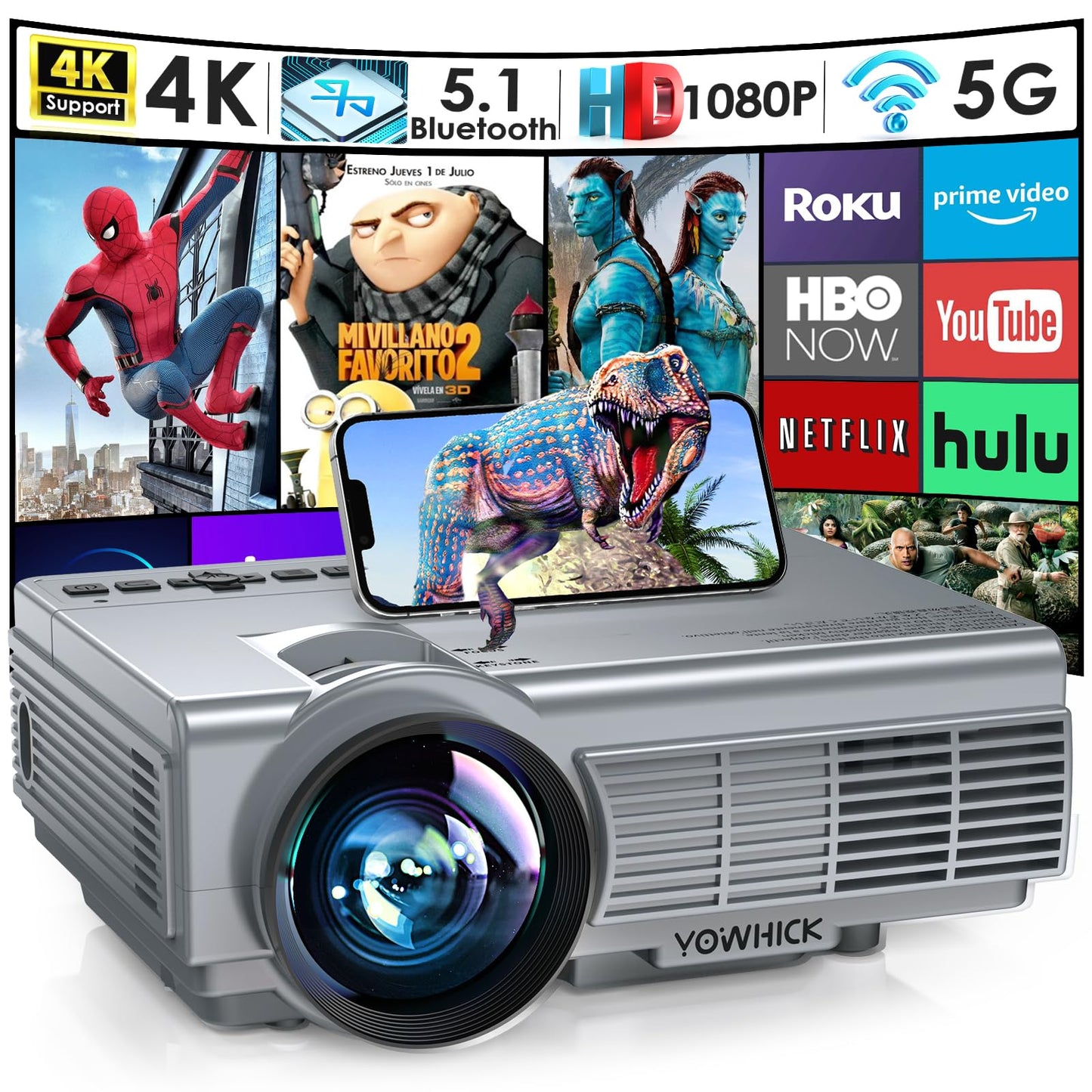 YOWHICK Projector with 5G WiFi Bluetooth, Native 1080P Outdoor Movie Projector 4K Support, 10000L Movie Video Projector, for HDMI, VGA, USB, Laptop, iOS & Android Phone