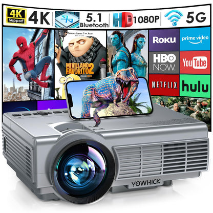 YOWHICK Projector with 5G WiFi Bluetooth, Native 1080P Outdoor Movie Projector 4K Support, 10000L Movie Video Projector, for HDMI, VGA, USB, Laptop, iOS & Android Phone