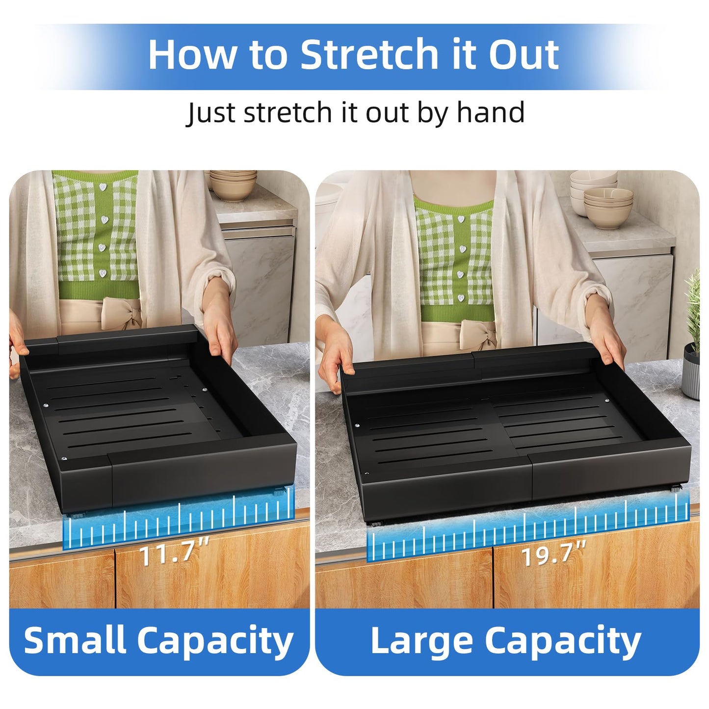 Pull out Cabinet Organizer, Expandable(11.7"-19.7") Heavy Duty Slide out Drawers Fixed with Adhesive Nano Film for Pots, Roll out Shelf Storage for Kitchen Cabinet Organization, Pantry(Black)