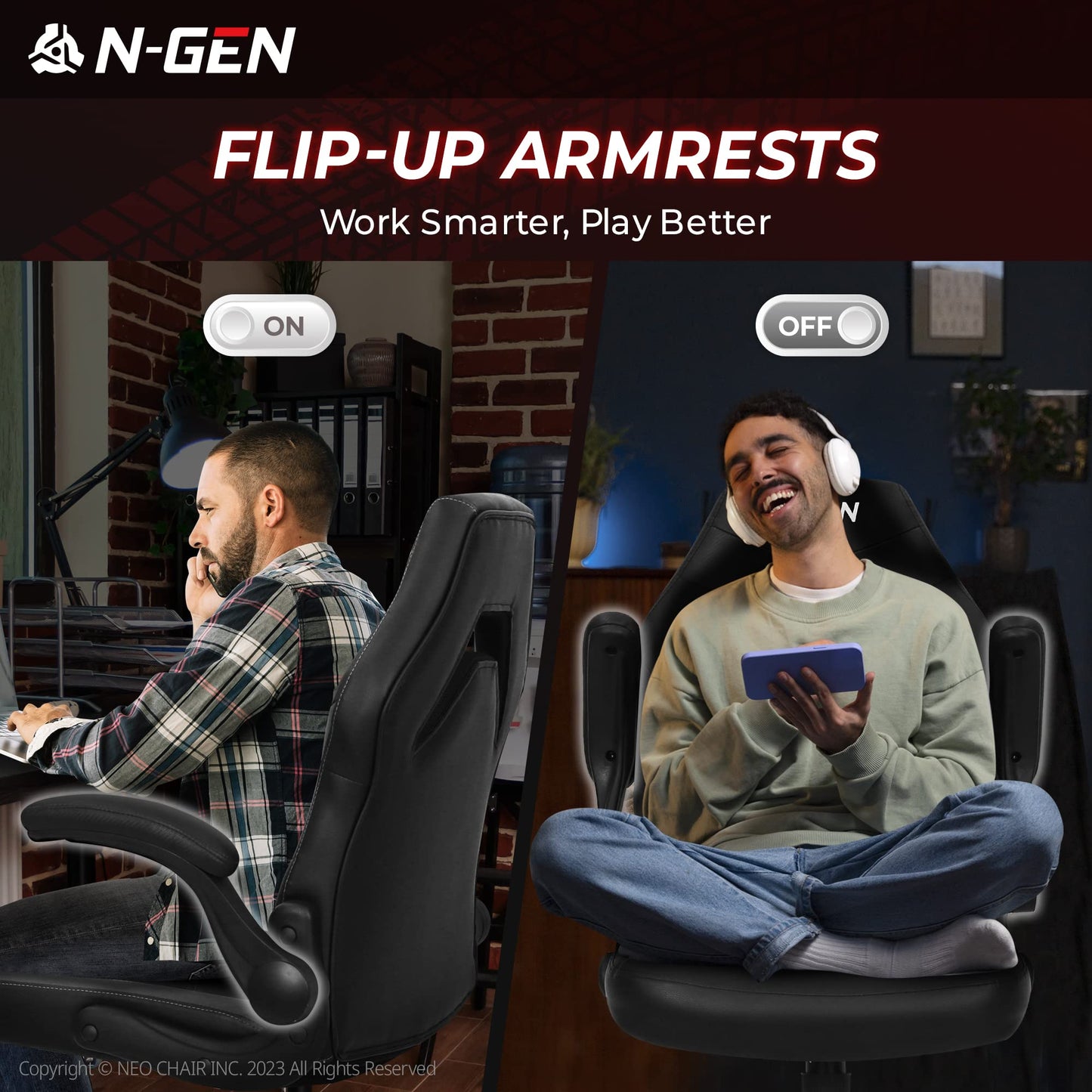 N-GEN Video Gaming Computer Chair Ergonomic Office Chair Desk Chair with Lumbar Support Flip Up Arms Adjustable Height Swivel PU Leather Executive with Wheels for Adults Women Men (Black)