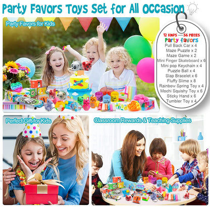 56 Pcs Party Favors Toys for Kids 4-8 8-12 3-5, Treasure Chest Box Toys Classroom Carnival Prizes Small Bulk Pop Fidget Toys Pack Pinata Stuffers Birthday Gifts Goodie Goody Candy Bags Fillers