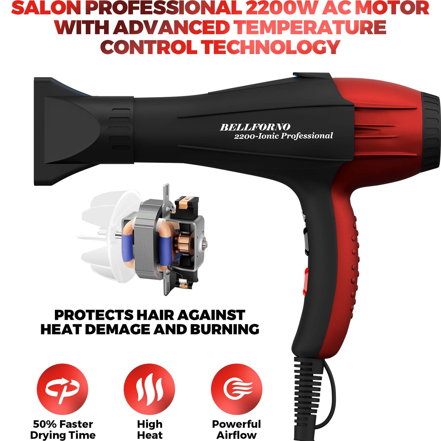 Professional Ionic Salon Hair Dryer, 2200 Watt Powerful AC Motor Ceramic Tourmaline Ion Blow Dryer, Quiet Hair Dryers with Diffuser & 2 Concentrator Nozzle Attachments Black/Red