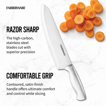 Farberware 15-Piece High-Carbon Stamped Stainless Steel Kitchen Knife Set with Wood Block, Steak Knives, Razor-Sharp, Black, Ultra-Sharp Blades, Ergonomic Comfort Grip