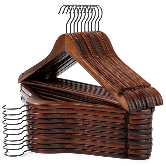 JS HOME Wooden Hangers 20 Pack, Strong Wood Suit Hangers with Extra Smooth Finish, Precisely Cut Notches and 360 Degree Black Swivel Hook, Solid Wooden Clothes Hangers for Shirt Coat Jacket Dress