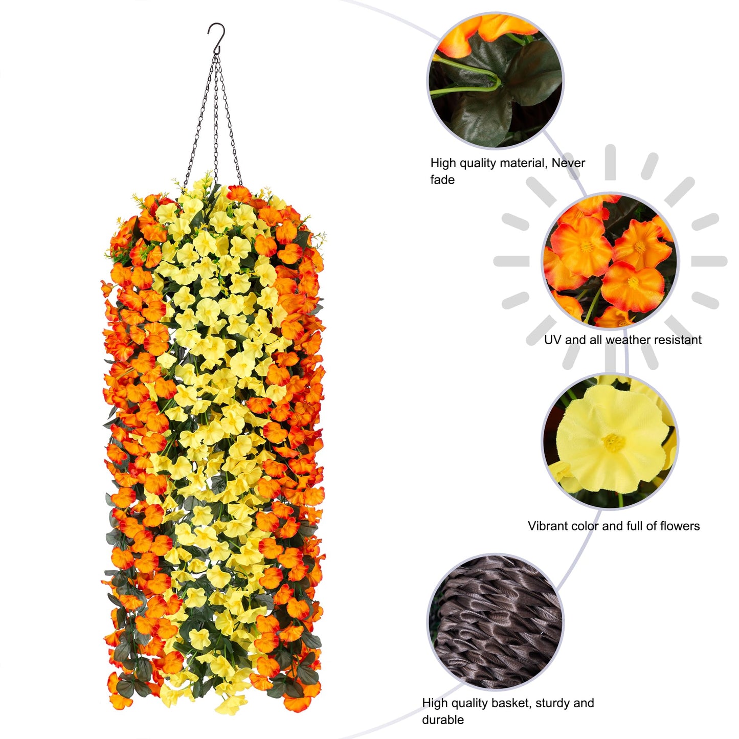 Artificial Faux Fall Autumn Hanging Flowers Plants Baskets for Outdoor Outside, Fake Orange Yellow Silk Orchid in Planter UV Resistant Realistic for Home Porch Patio Balcony Garden Yard