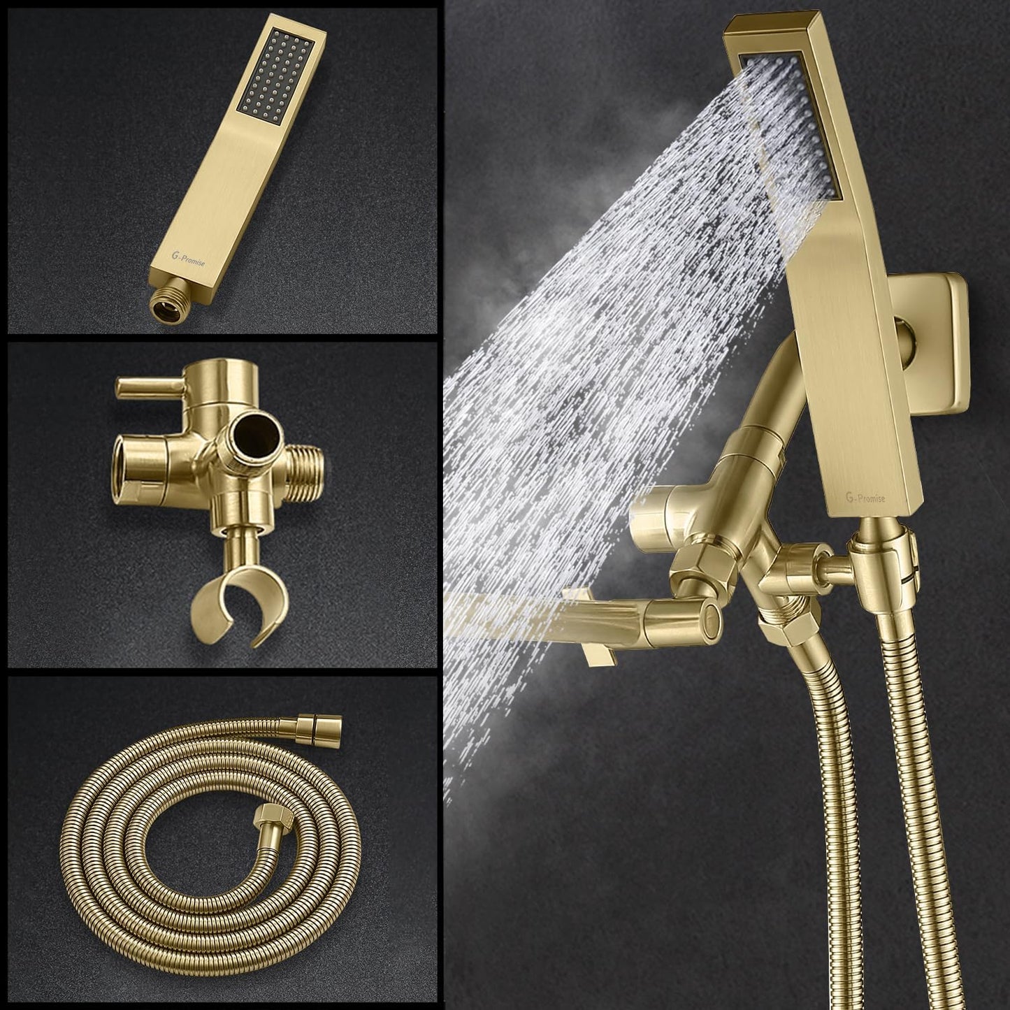 G-Promise All Metal 8-Inch Dual Square Shower Head Combo, Rain Shower Head, Handheld Shower Wand with 71-Inch Extra Long Hose, 3-Way Diverter, Adjustable Extension Arm, Brushed Gold