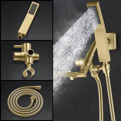 G-Promise All Metal 8-Inch Dual Square Shower Head Combo, Rain Shower Head, Handheld Shower Wand with 71-Inch Extra Long Hose, 3-Way Diverter, Adjustable Extension Arm, Brushed Gold