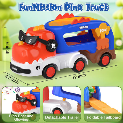 FunMission 5-in-1 Dinosaur Toys for Kids 3-5, Dinosaur Truck with 4 Pack Small Pull Back Dino Car, Dinosaur Cars Set, Birthday, Big Trucks Toys for 3 + Year Old Boy and Girl -Red