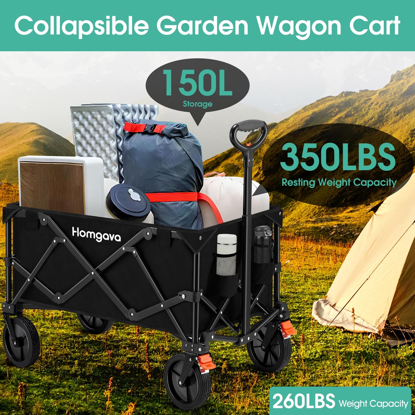 Collapsible Folding Wagon Cart with Brakes,Heavy Duty Garden Cart with All Terrain Wheels,Portable Large Capacity Utility Wagon Cart for Camping Fishing Sports Shopping,Black & Orange