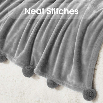 HOMEIDEAS Fleece Throw Blanket with Pompoms 50x60