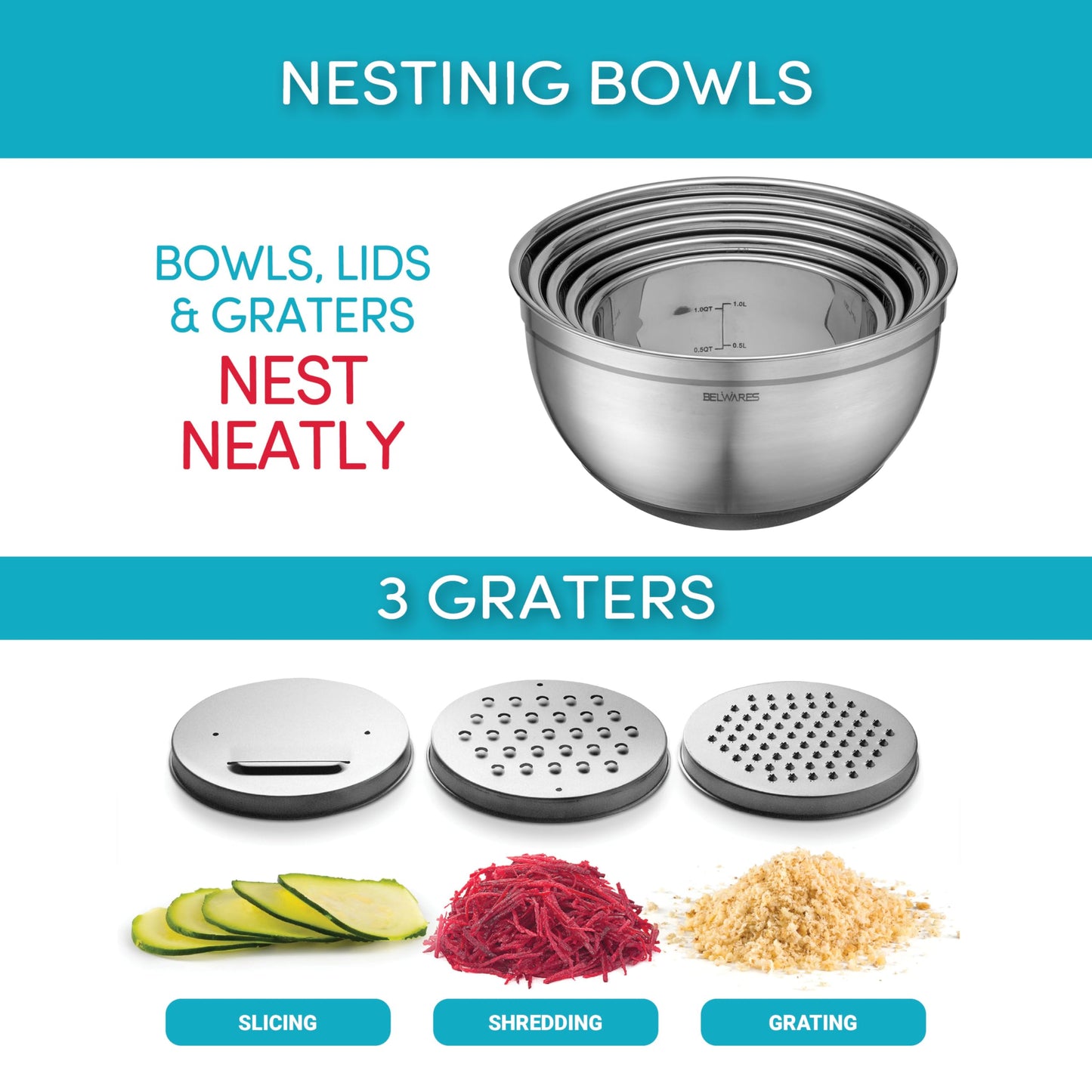 Set of 5 Stainless Steel Mixing Bowls Set with Lids