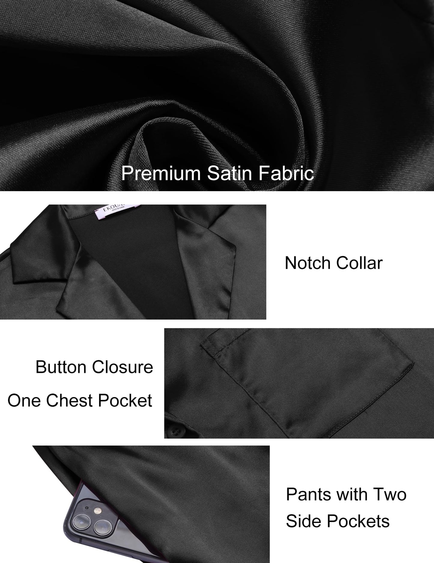 Ekouaer Silk Pajamas for Women Soft Short Sleeve Button Top Wide Leg Long Pants with Pockets Summer Satin 2 Piece Set Black,Medium