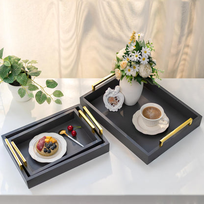 Hanobe Grey Decorative Trays for Coffee Table MDF Large Ottoman Tray for Living Room Bathroom Coffee Bar Decor Modern Tray with Gold Handles (Gray, 3)