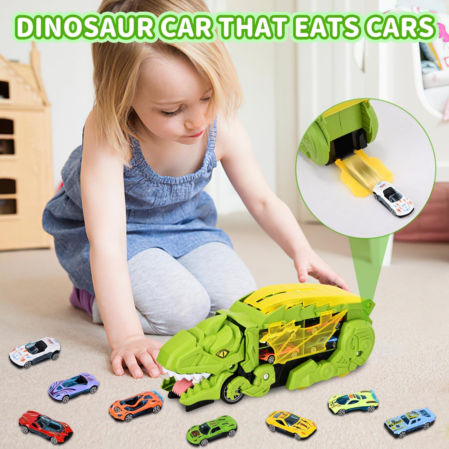 Transformable Dinosaur Truck Toy with 12 Cars