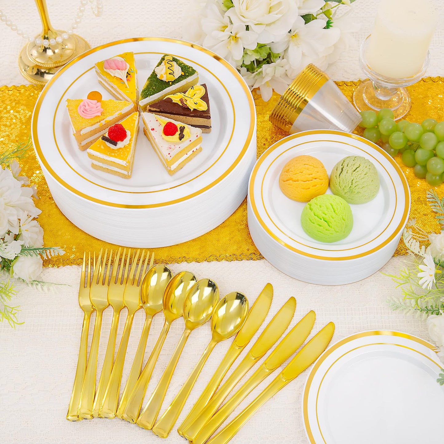 WELLIFE 600 PCS Gold Disposable Dinnerware Set