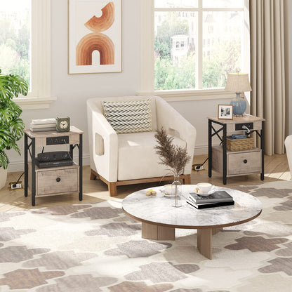 HOOBRO Nightstand with Charging Station, End Table with Drawer, Side Table with USB Ports Outlet, Sofa Beside Table with Storage Shelf for Small Space in Bedroom, Greige BG128UBZ01G1