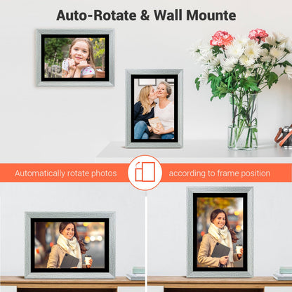 10.1 Inch WiFi Digital Picture Frame, IPS Touch Screen Smart Cloud Photo Frame with 16GB Storage, Auto Rotate, Wall Mountable, Easy Setup to Upload Photos/Videos via FRAMEO App (Wooden)