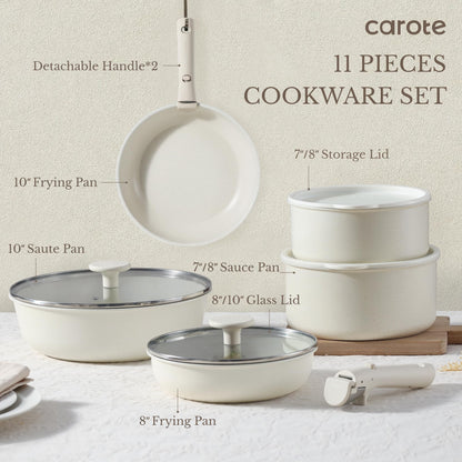 CAROTE 11pcs Nonstick Cookware Set with Detachable Handles