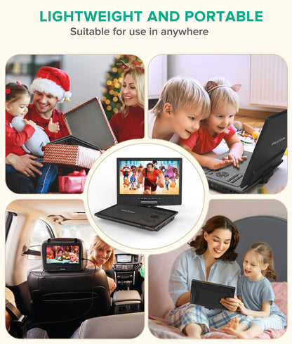 WONNIE 12.5" Portable DVD Player Car Headrest Video Player with 10.5" Swivel Screen, Car Headrest Holder, 5-Hours Rechargeable Battery, All Regions, Support USB/SD Card/Sync TV