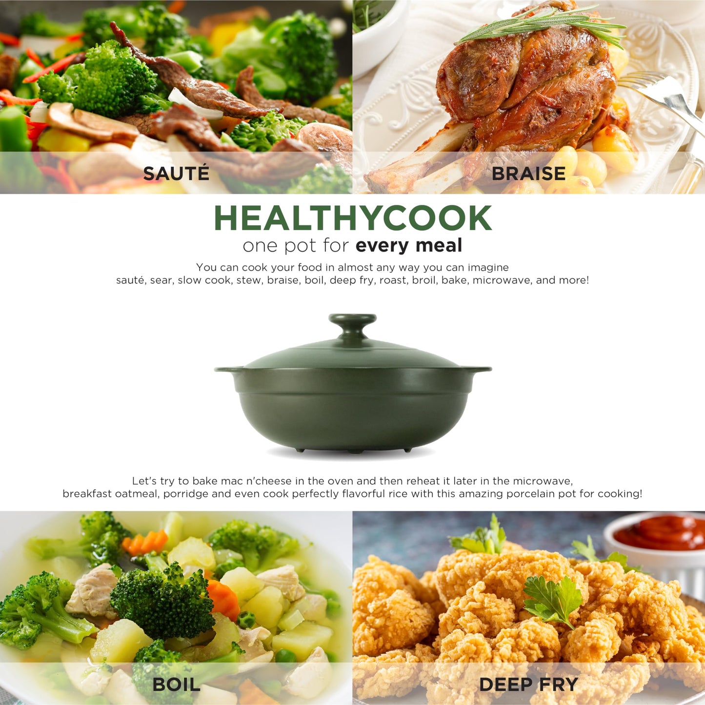 Minh Long 1qt Porcelain Cooking Pots, Clay Pot for Cooking, Dutch Oven, Casserole Dish with Lid, Use for slow cook, stew, braise, boil,..Compatible with gas & infrared cooktop (Luna - Green, 1.06qt)