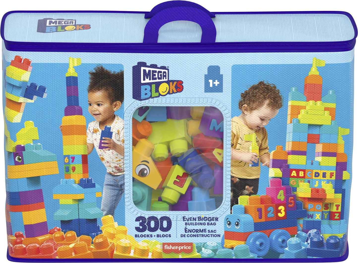 MEGA BLOKS First Builders Toddler Blocks Toys Set, Even Bigger Building Bag with 300 Pieces and Storage, Blue, Ages 1+ Years