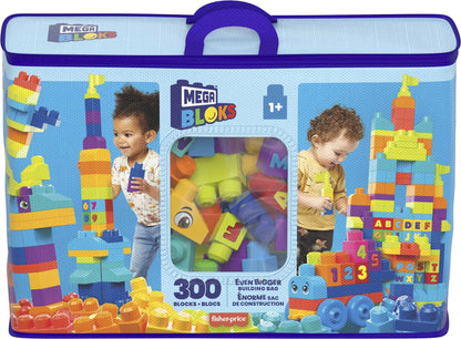 MEGA BLOKS First Builders Toddler Blocks Toys Set, Even Bigger Building Bag with 300 Pieces and Storage, Blue, Ages 1+ Years