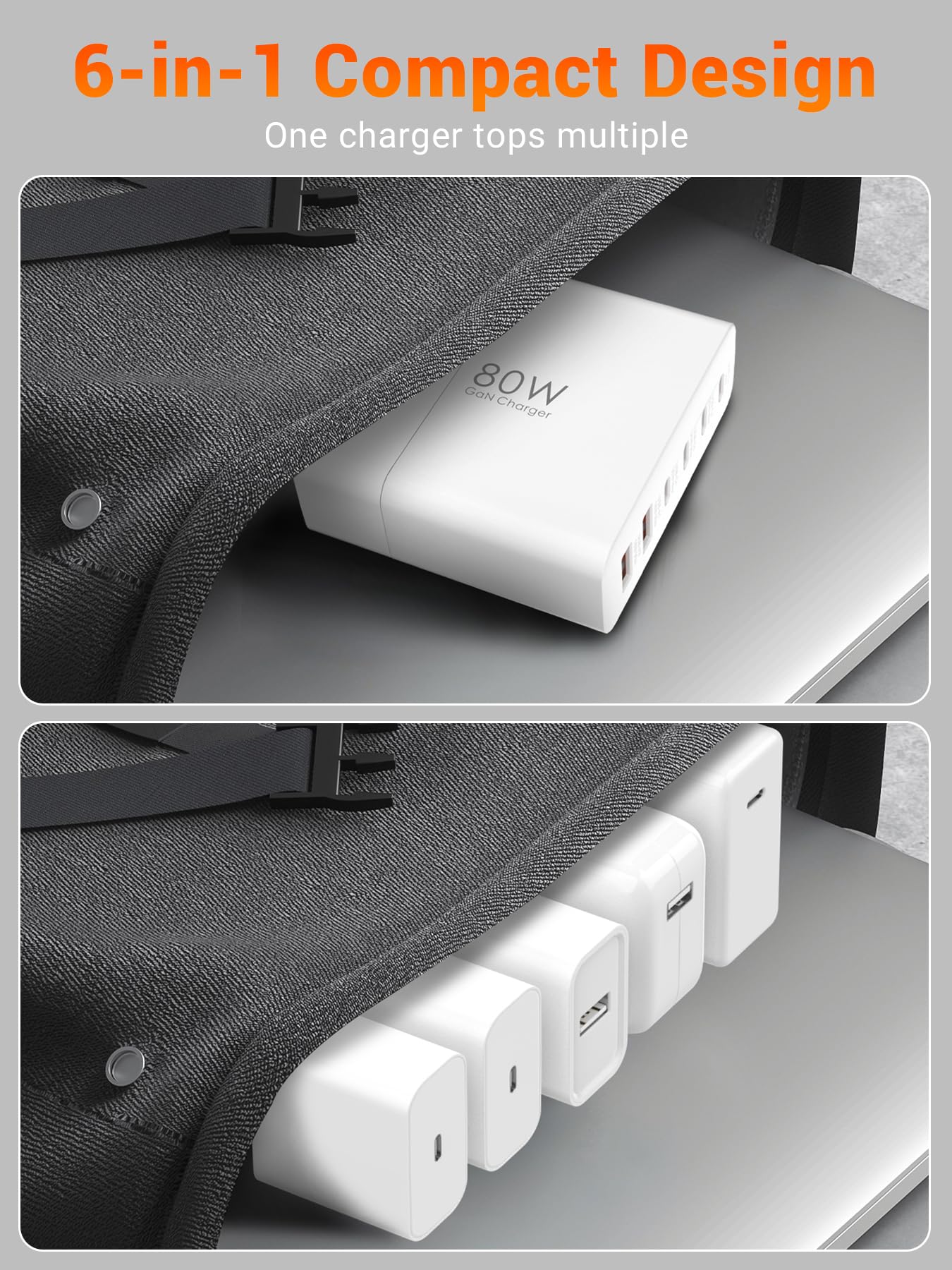 TOPADRE USB C Charger Block 80W, 6 Port Fast Charging Station Powered USB C Hub PD Charger for iPhone 15/14/13 Pro Max, iPad Pro/Air/Mini, for Samsung Galaxy S24, MacBook Pro/Air, White