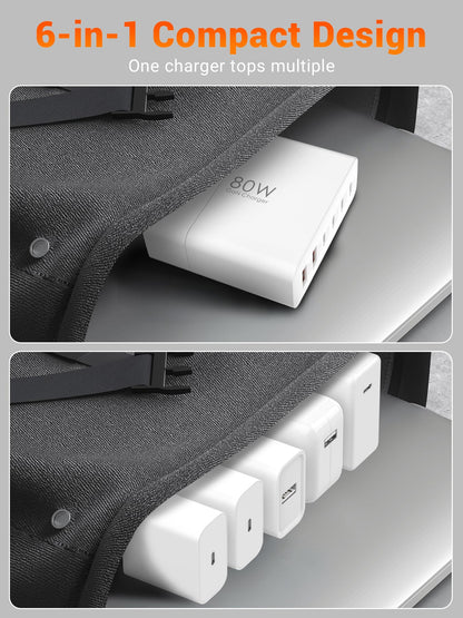 TOPADRE USB C Charger Block 80W, 6 Port Fast Charging Station Powered USB C Hub PD Charger for iPhone 15/14/13 Pro Max, iPad Pro/Air/Mini, for Samsung Galaxy S24, MacBook Pro/Air, White