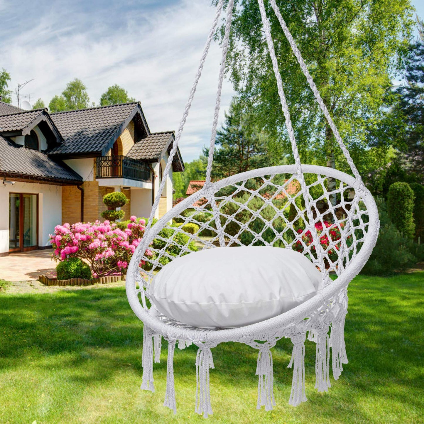 Y- Stop Hammock Chair Macrame Swing Chair, Max 330 Lbs, Hanging Chair Cotton Rope Hammock Chair Swing for Indoor and Outdoor Use, White