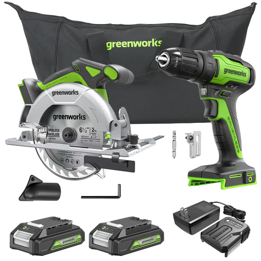 Greenworks 24V Brushless Cordless 1/2" 310 in/lbs.Drill/Driver and 6-1/2" Circular Saw Combo (18+1 Position Clutch/LED Light) (4,800 RPM/Cutting Depth 45°/90°), 2×2Ah Battery and 2Ah Fast Charger