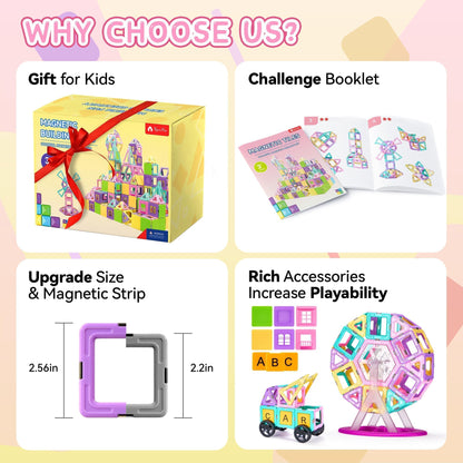 165 PCS Magnetic Tiles Set with Car and Alphabet Cards