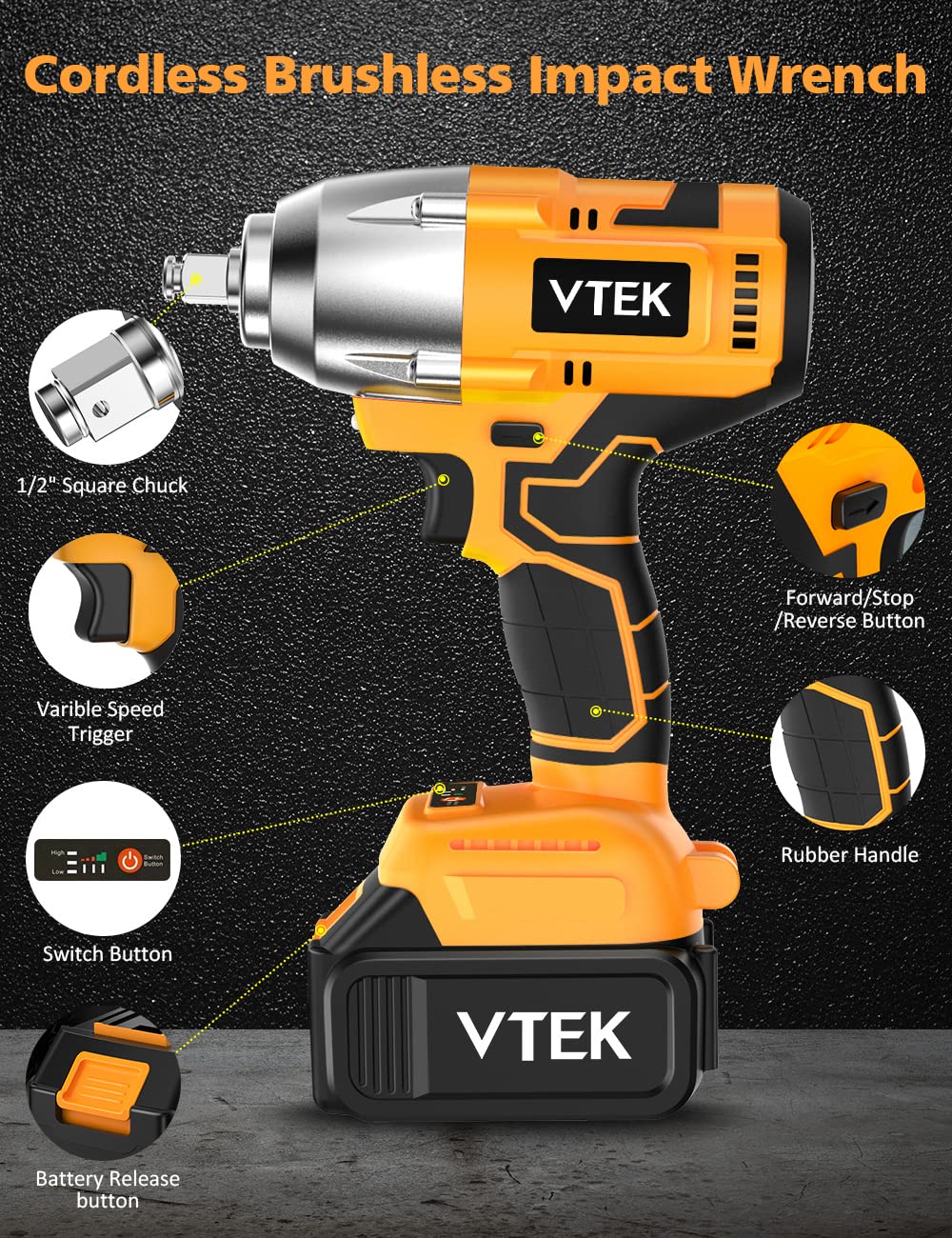 VTEK 1/2 Inch Brushless Cordless Impact Wrench