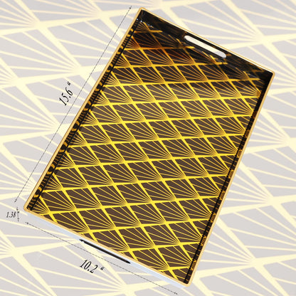 Spsyrine Black and Gold Decorative Tray for Living Room, 15.6” X 10.2" Modern Plastic Coffee Serving Table Tray for Ottoman Bathroom Kitchen (Rectangle)